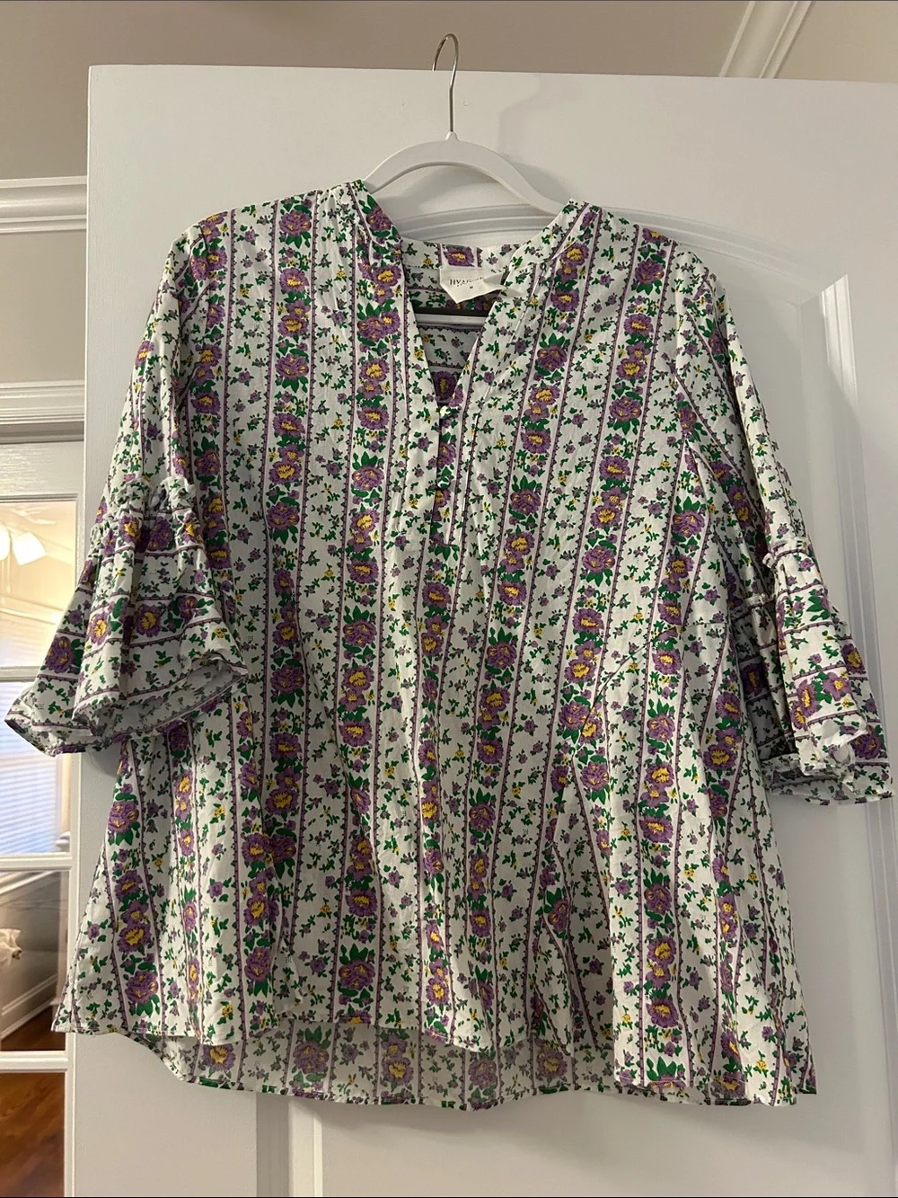 Tuckernuck Floral Stripe Boho Blouse in White, Purple & Green - Picture 1 of 3
